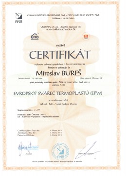 Certifikát evropský svářeč termoplastů